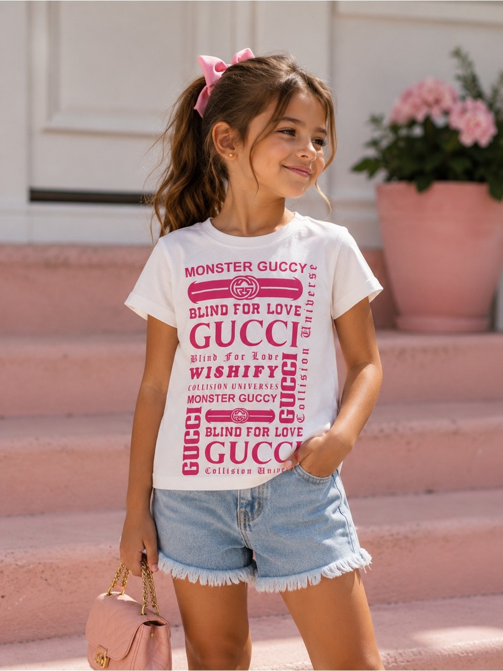 Authentic Gucci Girls White Pink Graphic T-Shirt Size 6